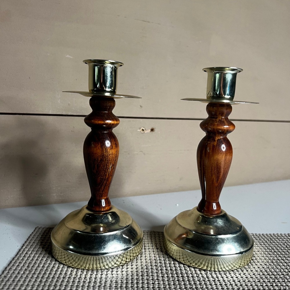 Home Interiors & Gifts Vintage Brass and Wood Taper Candle Holders Pair USA Made